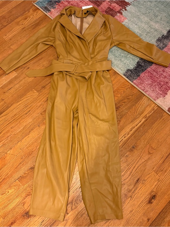 Eloquii Pants - Eloquii Faux Leather Mustard Jumpsuit with Self-Tie Belt